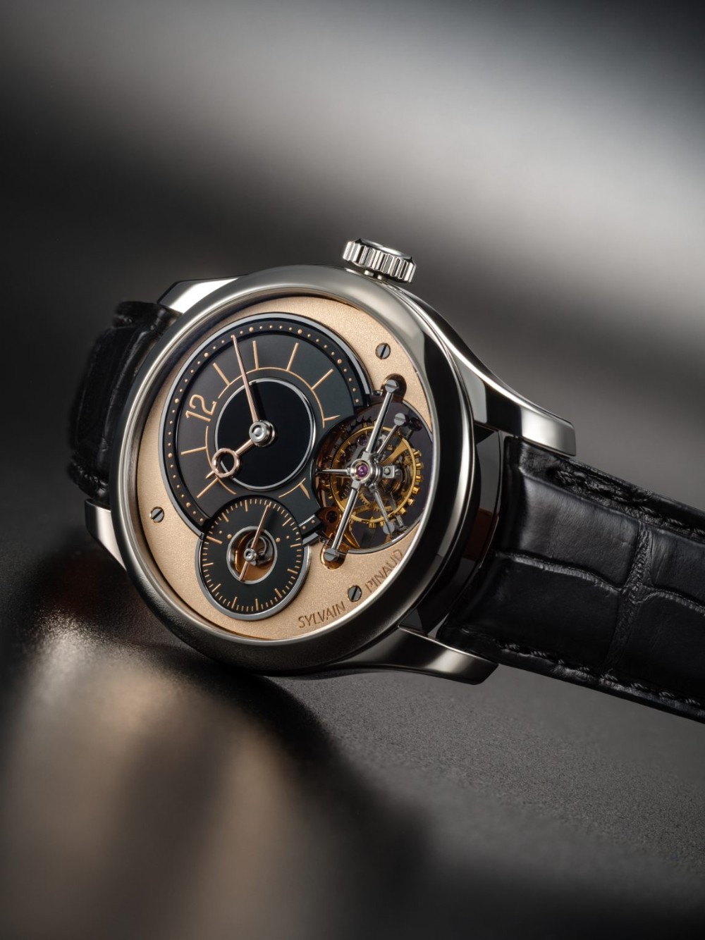 Sylvain Pinaud 30s Tourbillon watch, black and salmon dial with 30-second tourbillon at 6 o'clock