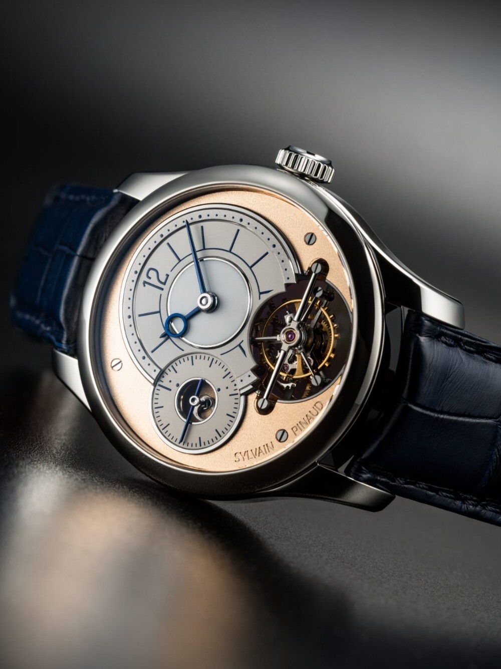 Sylvain Pinaud 30s Tourbillon watch with salmon and silver dial and blue hands